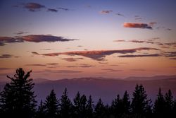 View of mountains with tree silhouettes in the foreground at dusk