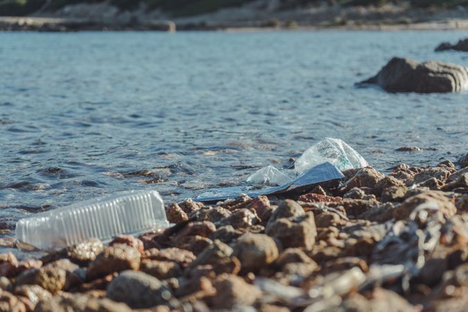 Plastic bottle lying on seashore