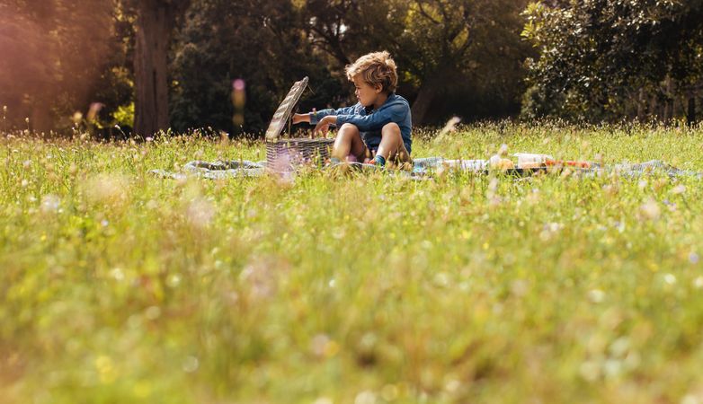 Small boy with basket on a picnic in the garden