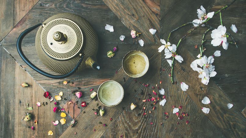 Top view of traditional Asian tea ceremony arrangement