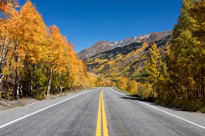 Colorado highway with bright autumn colors and majestic mountains