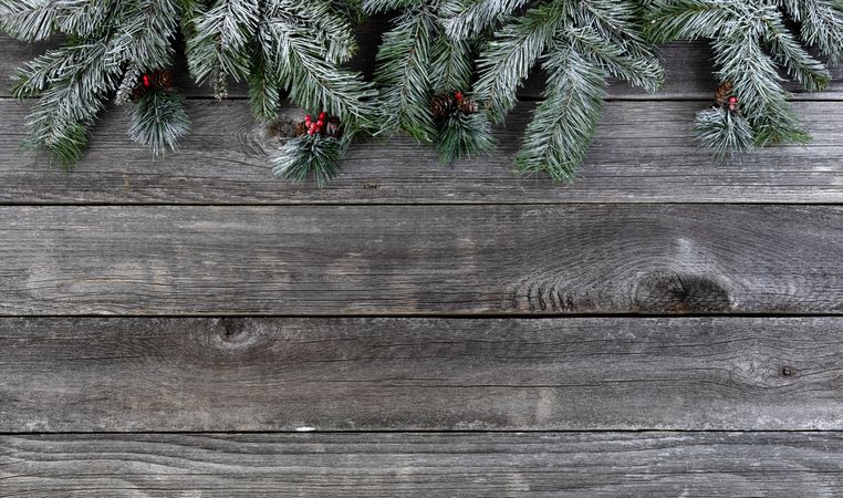 Snowy fir with red berries on vintage wood for the holiday ocassion