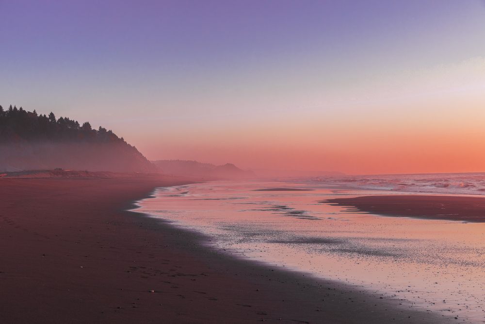 Calm misty coast during a colorful sunset