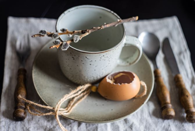 Easter table setting with cup, pussy willow decorative egg shell