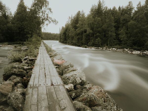 Landscape with wooden footpath and river