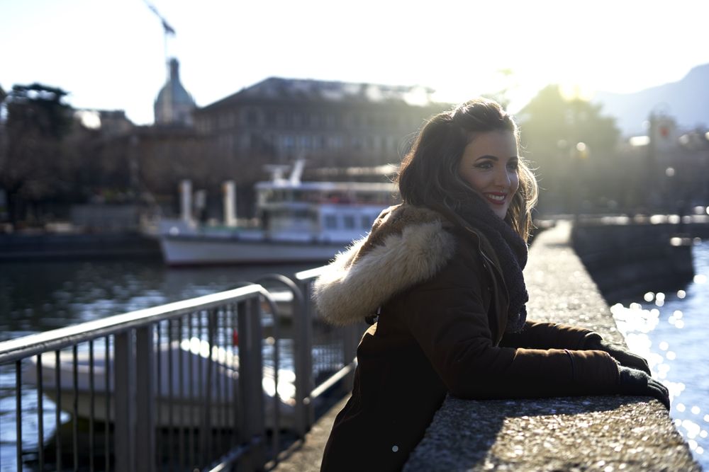 cheerful woman in harbor
