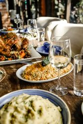 Thanksgiving dinner on wooden dining table