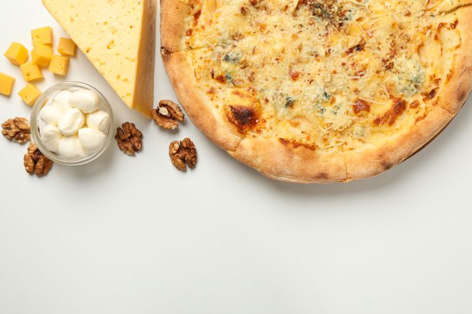 Cheese pizza and ingredients on plain background