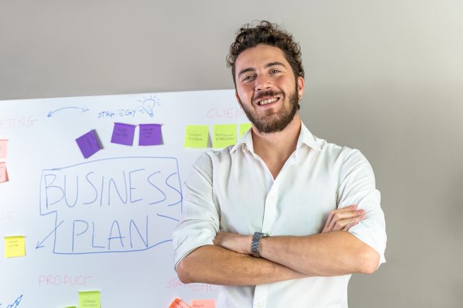 Confident young entrepreneur standing in front of a business plan whiteboard.