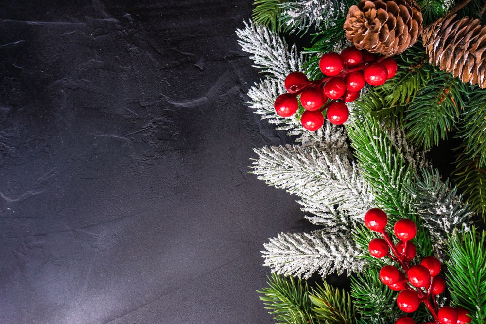 Christmas frame with holly on dark table background