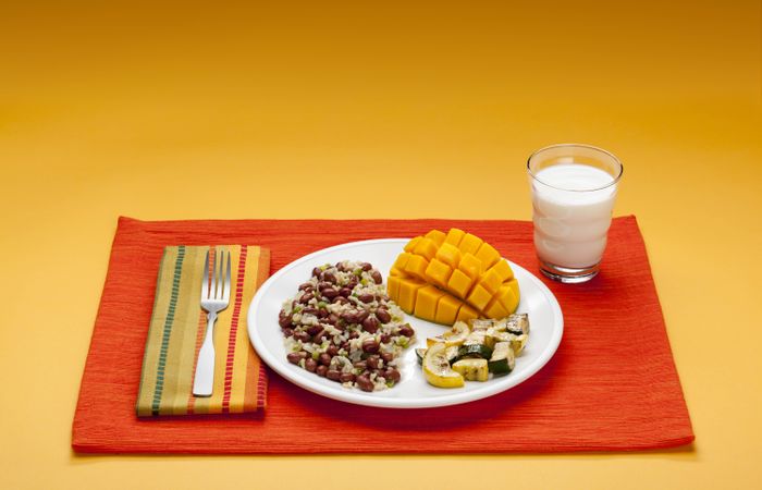 Dinner meal showing five MyPlate food groups: grains, protein foods, dairy, vegetables, and fruit
