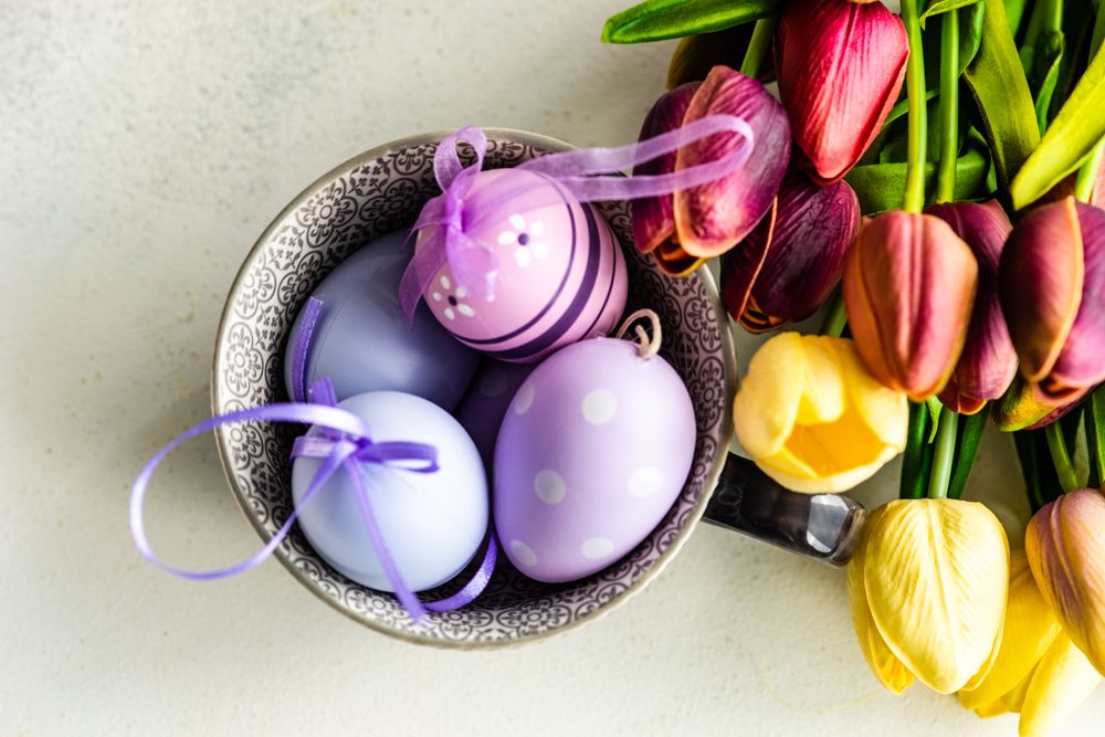 Top view of pastel purple hearts with bunch of tulips