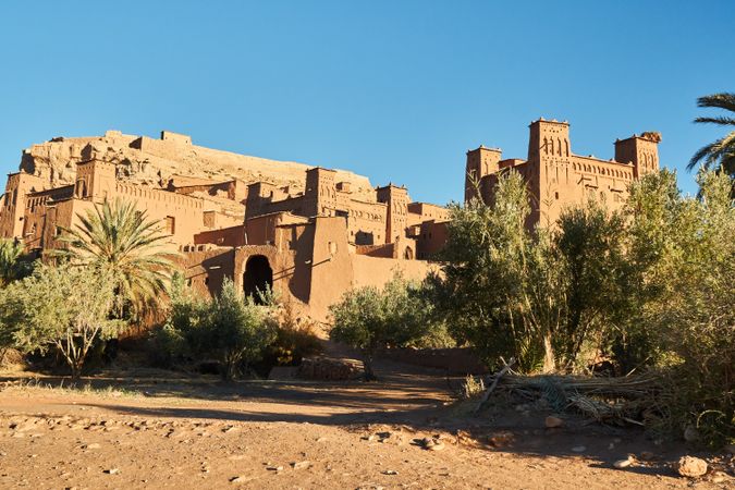 Ancient stone buildings near palms