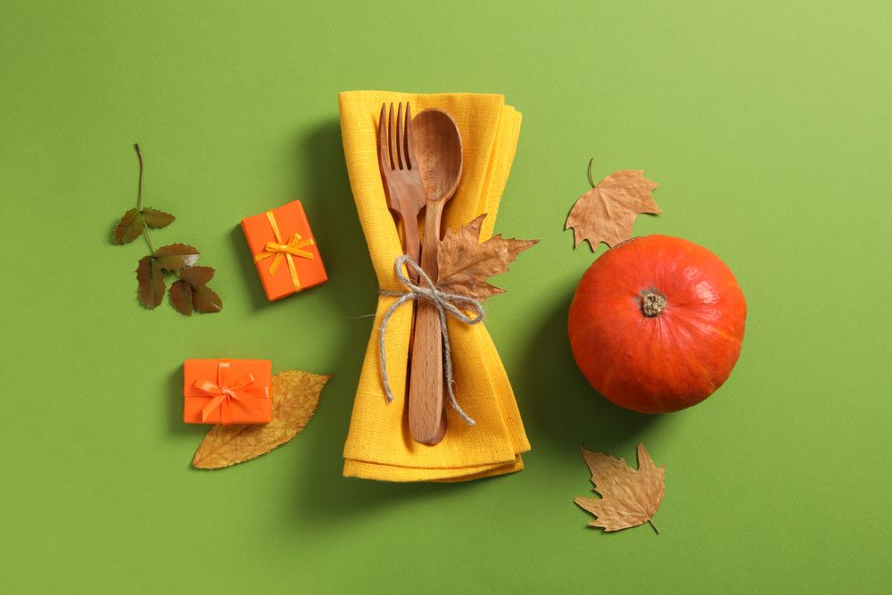 Concept of Thanksgiving day, Autumn table setting, top view