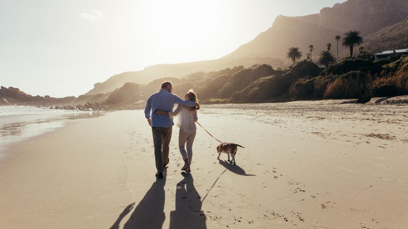 Mature couple strolling along the beach with their dog