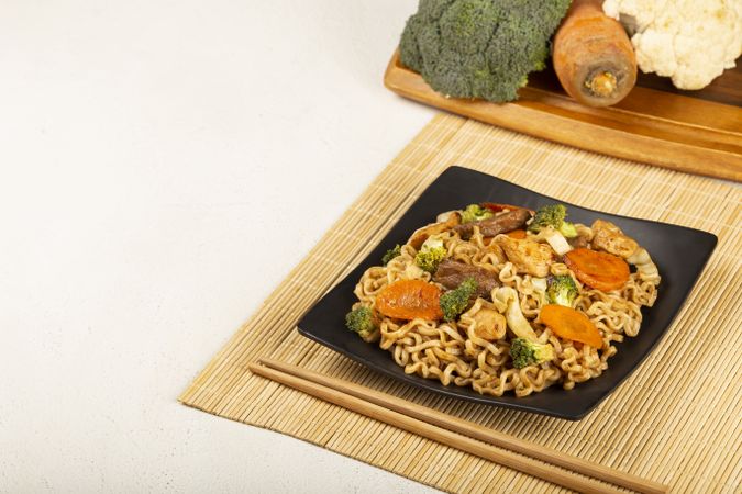 Yakisoba noodles. Yakisoba dish with meat, chicken and vegetables.