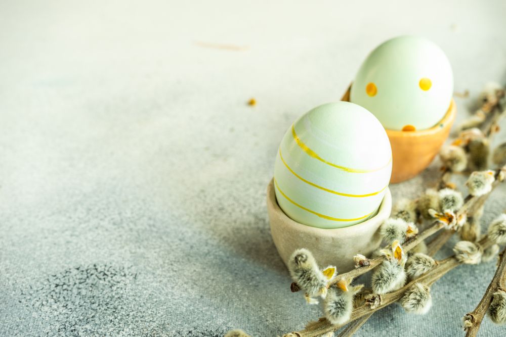Easter holiday concept with pastel decorative eggs in cups with pussy willow