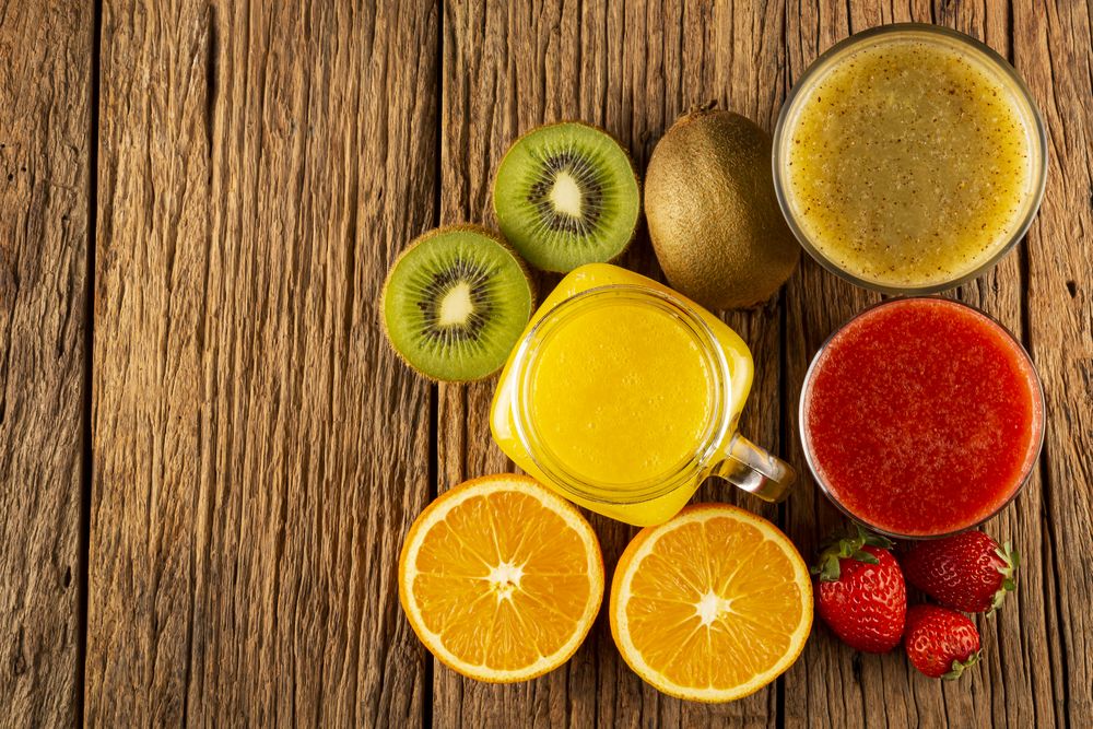 Variety of fruit juices. Fruit smoothies.