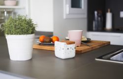 Food on cutting board in kitchen