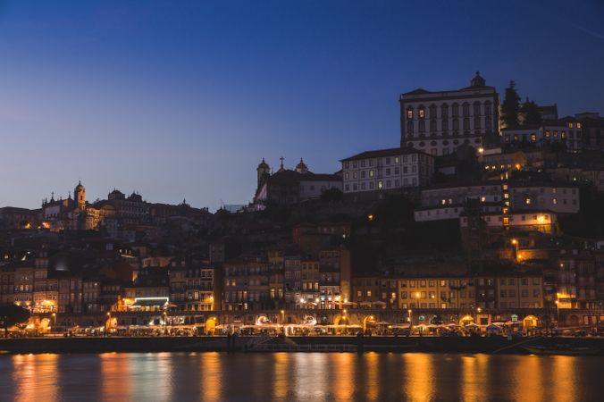PORTO, PORTUGAL - JANUARY 23, 2019: Majestic night cityscape with golden lights