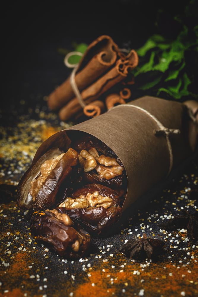 Dates fruits with walnuts, mint and cinnamon for Ramadan