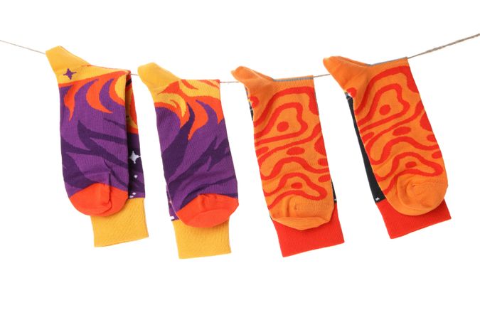 socks with a bright print on the lace, isolated on a light background.