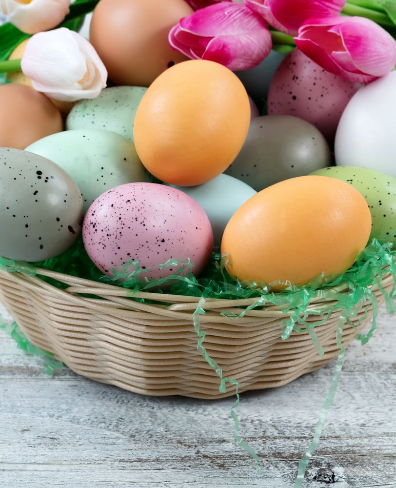 Basket of eggs and tulips for Easter holiday on rustic wood