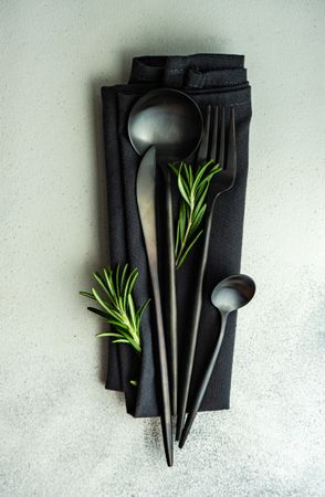 Sleek dark cutlery set on grey counter