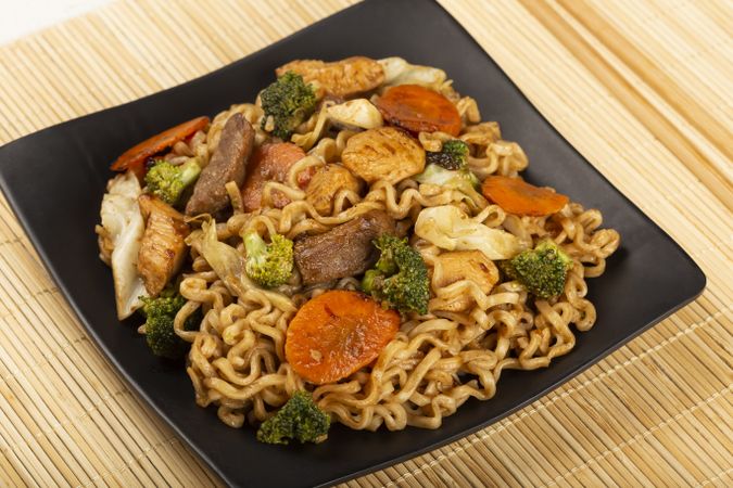 Yakisoba noodles. Yakisoba dish with meat, chicken and vegetables.