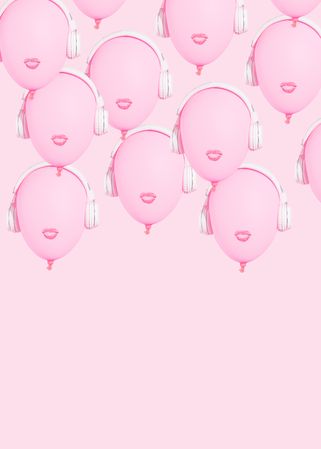 Many pink balloons with lips wearing headphones with copy space