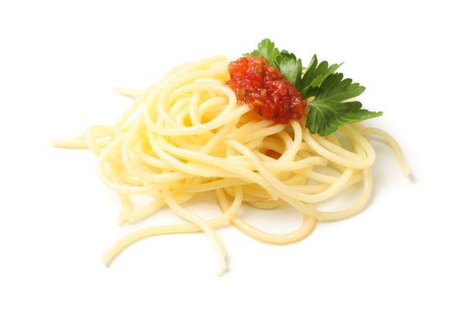 Tasty pasta isolated on plain background. Spaghetti food