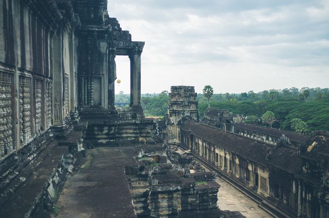 Exterior of ancient temple on cloudy day