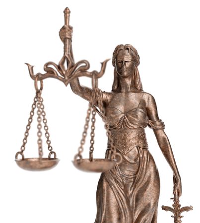 Bronze Lady of Justice Statue Isolated on a Bright Background.