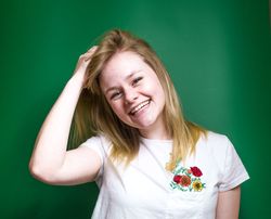 Blonde woman posing in studio