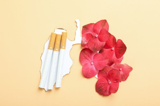 Cigarettes on burnt paper with flowers