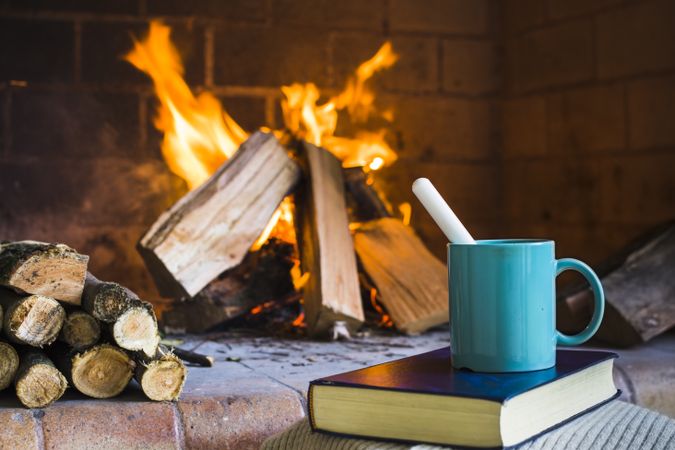 Mug and book near fireplace