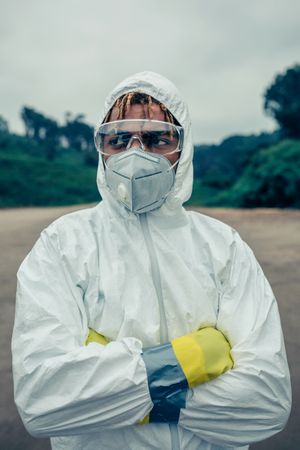 Man with bacteriological protection suit