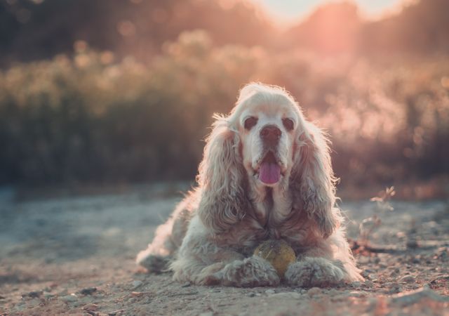 Funny dog lying on ground between plants