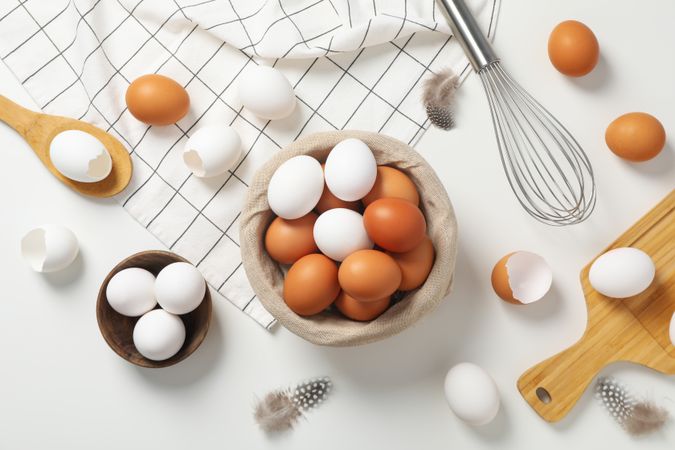 Concept of natural farm product - eggs, top view