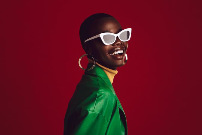 African female model wearing funky sunglasses