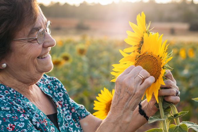 Older woman in a field of sunflowers