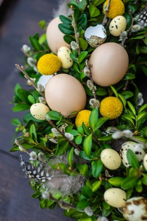 Close up of eggs on decorative Easter wreath