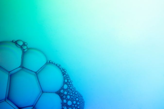 Abstract background bio technology, macro photography foam and water with gradient background. Molecule multicolor backgorund