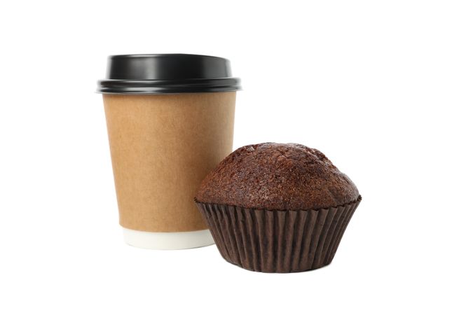 Paper cup and chocolate muffin isolated on plain background