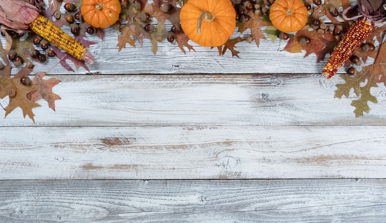 Arch border of Autumn decorations on rustic boards