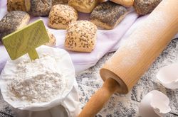 Bag of flour with banner and buns