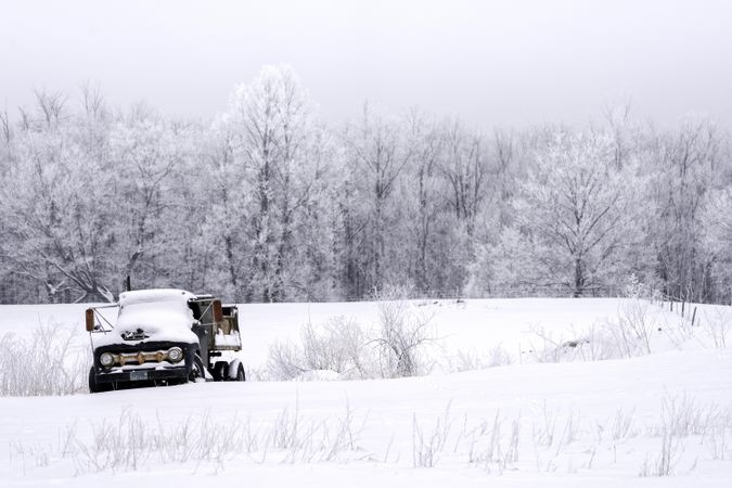 An old truck under a fresh layer of snow in a field