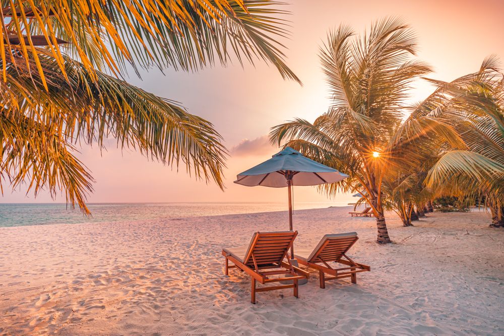 Tranquil spot on the beach to relax with sunflare and palm trees