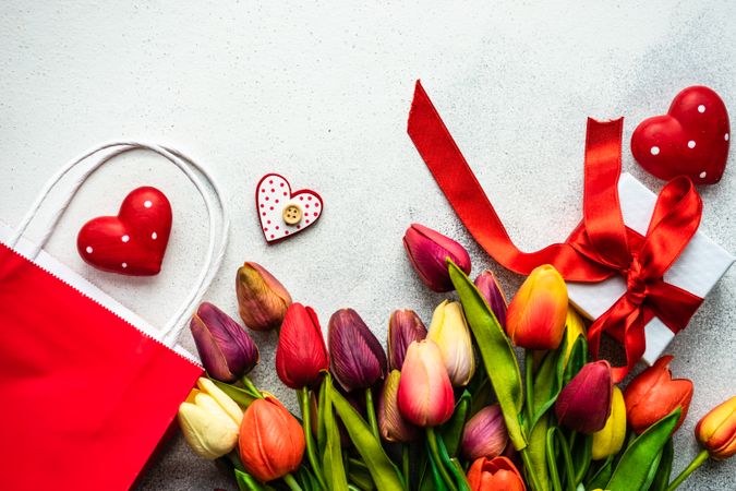 Valentine card concept with tulips and gifts