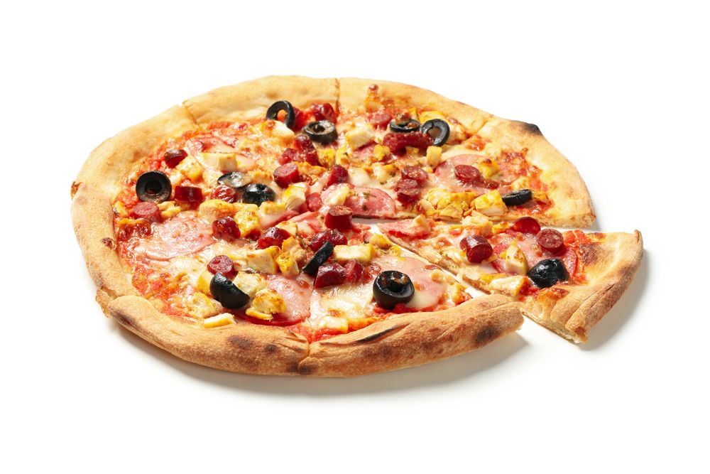 Tasty pizza with meat isolated on plain background